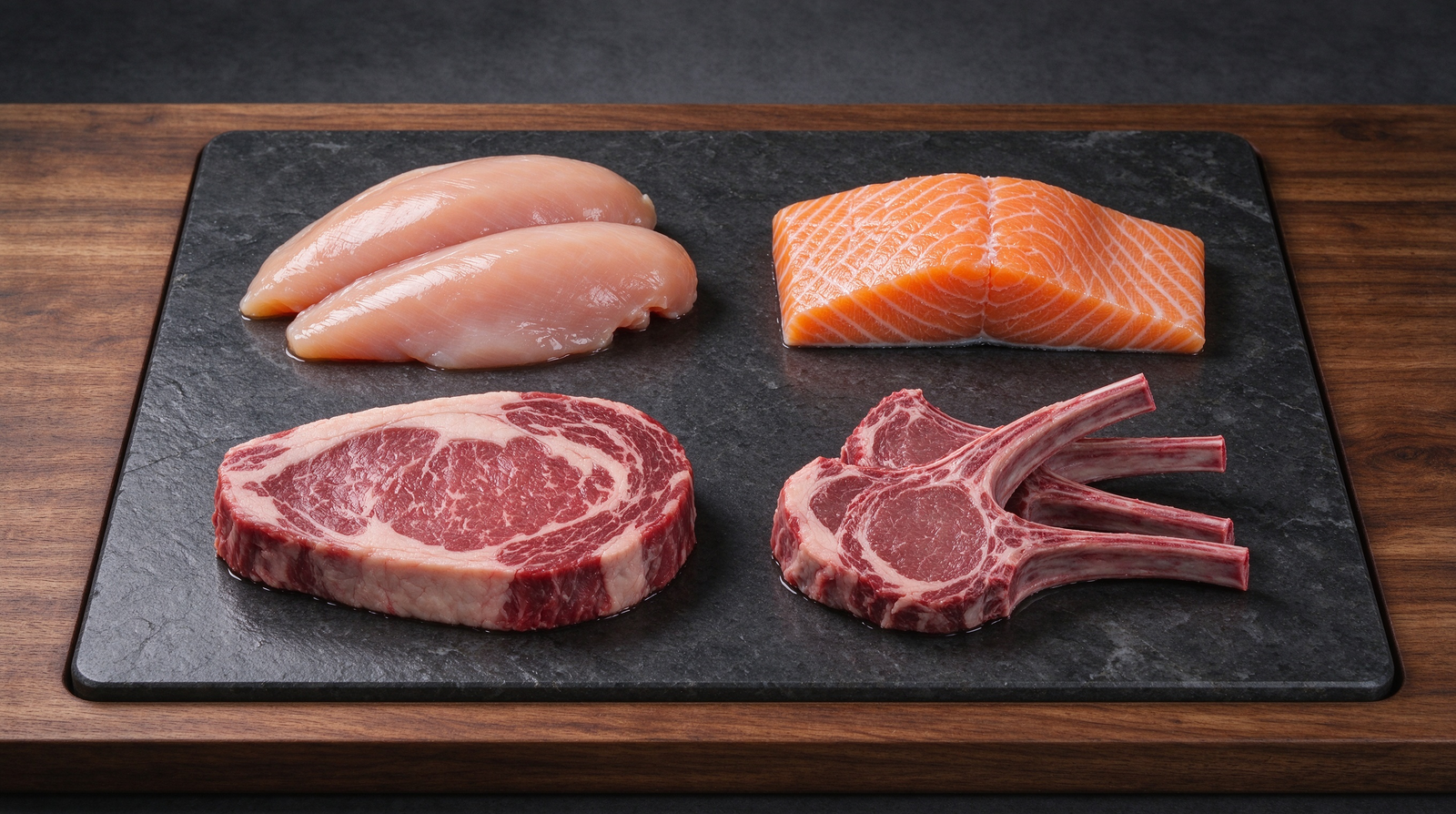 Chicken, salmon, beef and lamb on a dark board