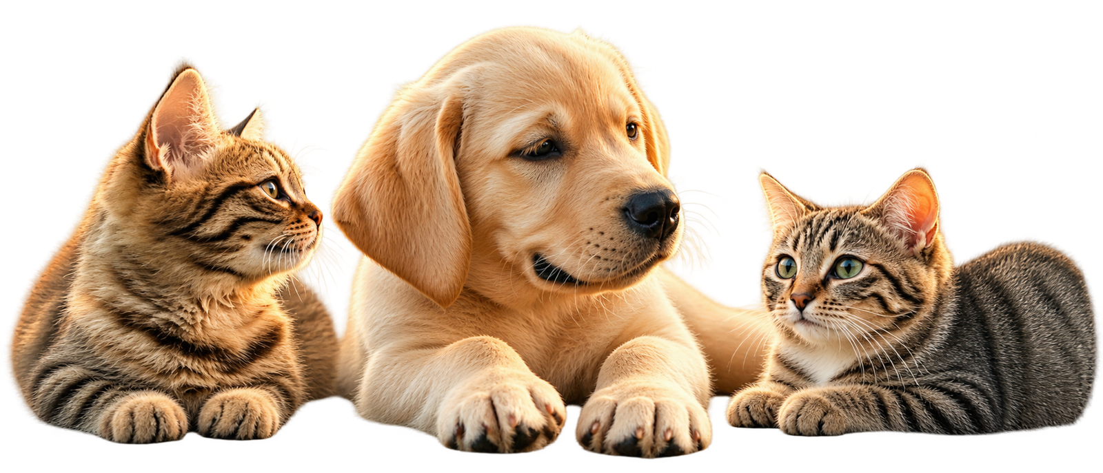 A golden puppy resting between two tabby cats