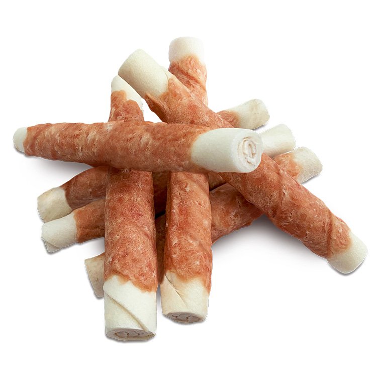 Close-up of several beef skin treats, rolled and layered with a light-colored core.