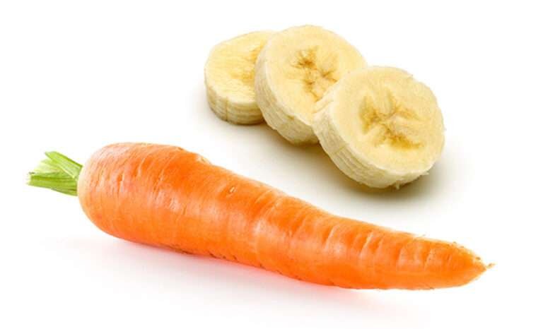 Fresh carrot and banana slices; fruit &amp; vegetables